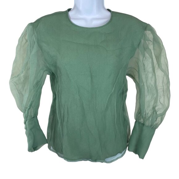 NWOT | Forest Fairy Chiffon Blouse | 4 | Green Organza | Sheer Bishop Sleeves - Picture 1 of 10